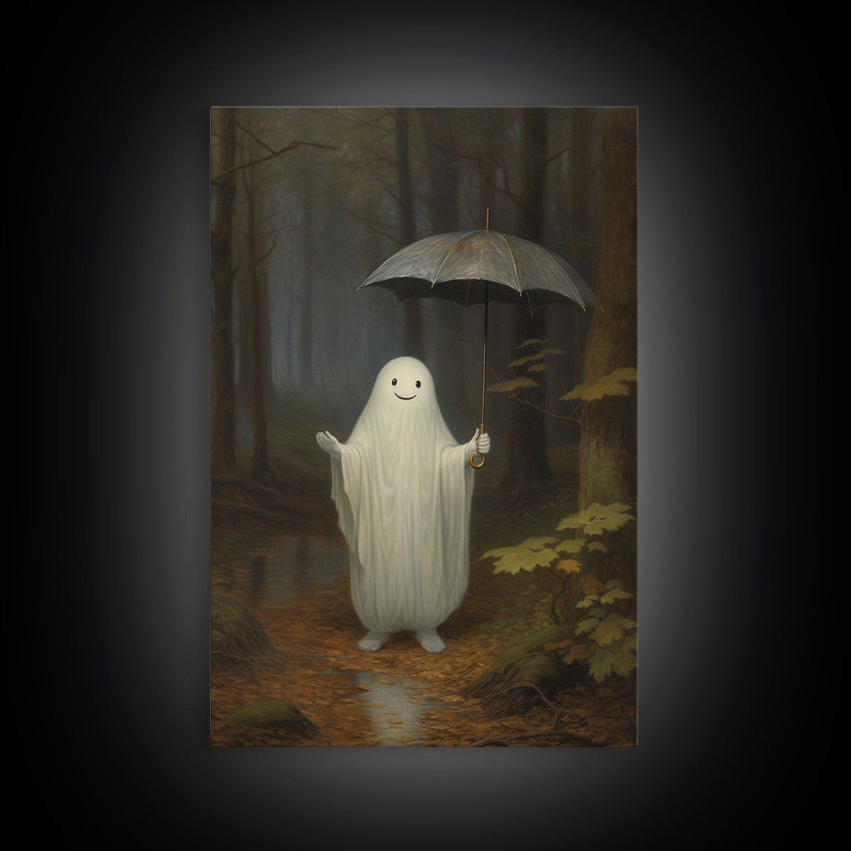 Goofy Ghost In The Rain,  Vintage Halloween Canvas, Framed Canvas Print, Cute Wall Art, Who's Haunting Who?