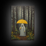 Happy Ghost In The Rain,  Vintage Halloween Canvas, Framed Canvas Print, Cute Wall Art, Who's Haunting Who?