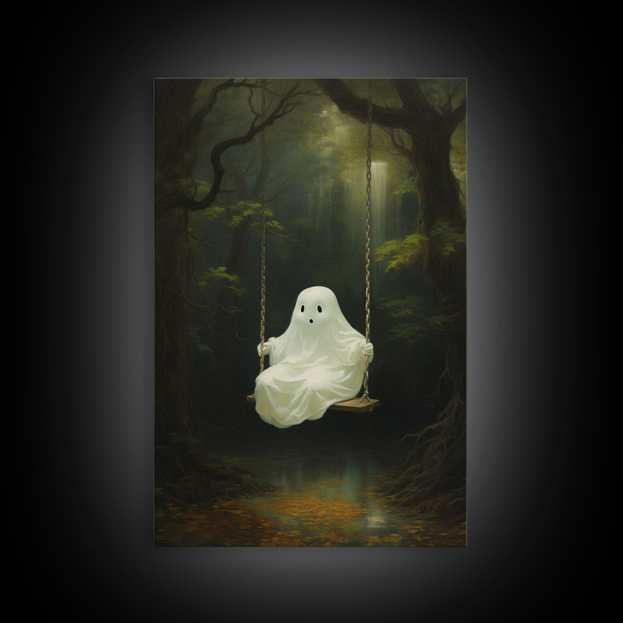 Cute Little Boo Playground Ghost, Funny Halloween, Vintage Halloween Canvas, Framed Canvas Print, Cute Wall Art, Ghost On A Swing, Macabre