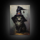 The Wizard Cat, Framed Canvas Print, Dark Academia Halloween Art, Victorian Cat Oil Painting, Goth Halloween Decor