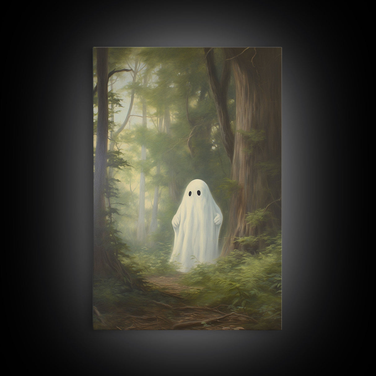 Cute Little Ghost In The Forest, Gothic Victorian Haunted Art, Dark Academia, Framed Canvas or Canvas Art, Cool Wall Art, Halloween Decor