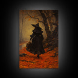 The Witch, Witch Decor, Halloween Witch, Framed Canvas, Retro Hallowen Wall Art, Halloween Canvas, Witch Painting, Fall Decor, Fall Leaves