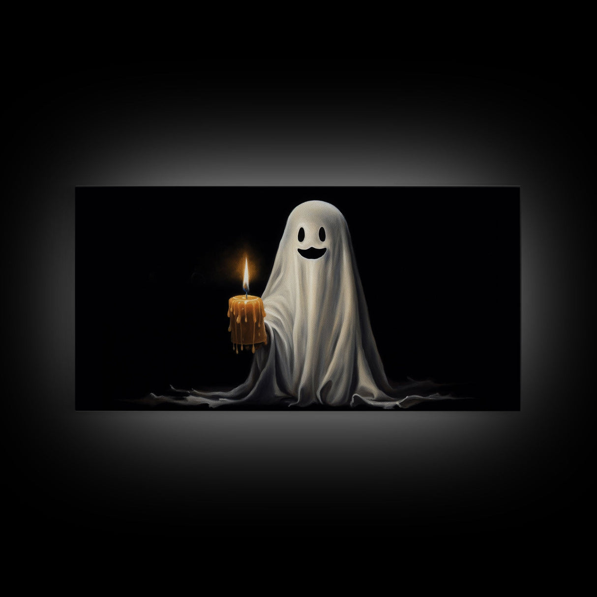 Silly Ghost Holding A Candle, Framed Canvas Print, Dark Academia Wall Art, Victorian Oil Painting Style Halloween Wall Art, Ghost Print
