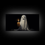Silly Ghost Holding A Candle, Framed Canvas Print, Dark Academia Wall Art, Victorian Oil Painting Style Halloween Wall Art, Ghost Print