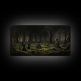 The Haunted Cemetery, Moody and Gloomy Art, Framed Canvas or Poster, Victorian Oil Painting, Dark Academia, Graveyard At Midnight