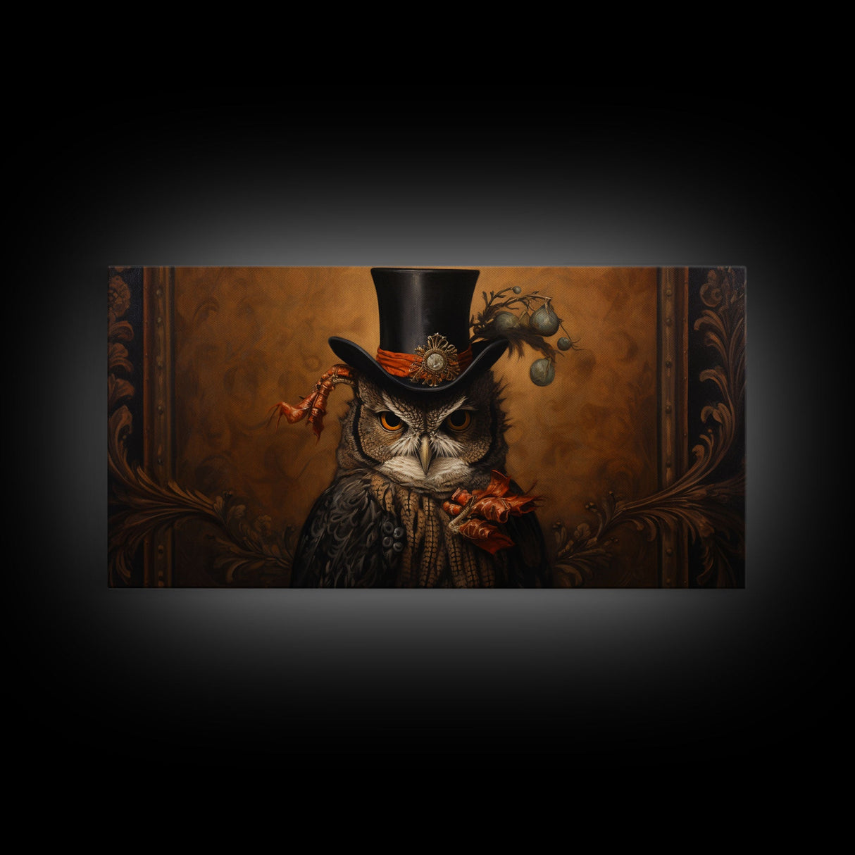 Gothic Victorian Owl Portrait, Framed Canvas Print, Halloween Wall Art, Unique Wall Decor, Owl Painting