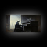 Grim Reaper Playing The Piano, Framed Canvas Print, Cool Halloween Decor, Wild West Themed Halloween Art