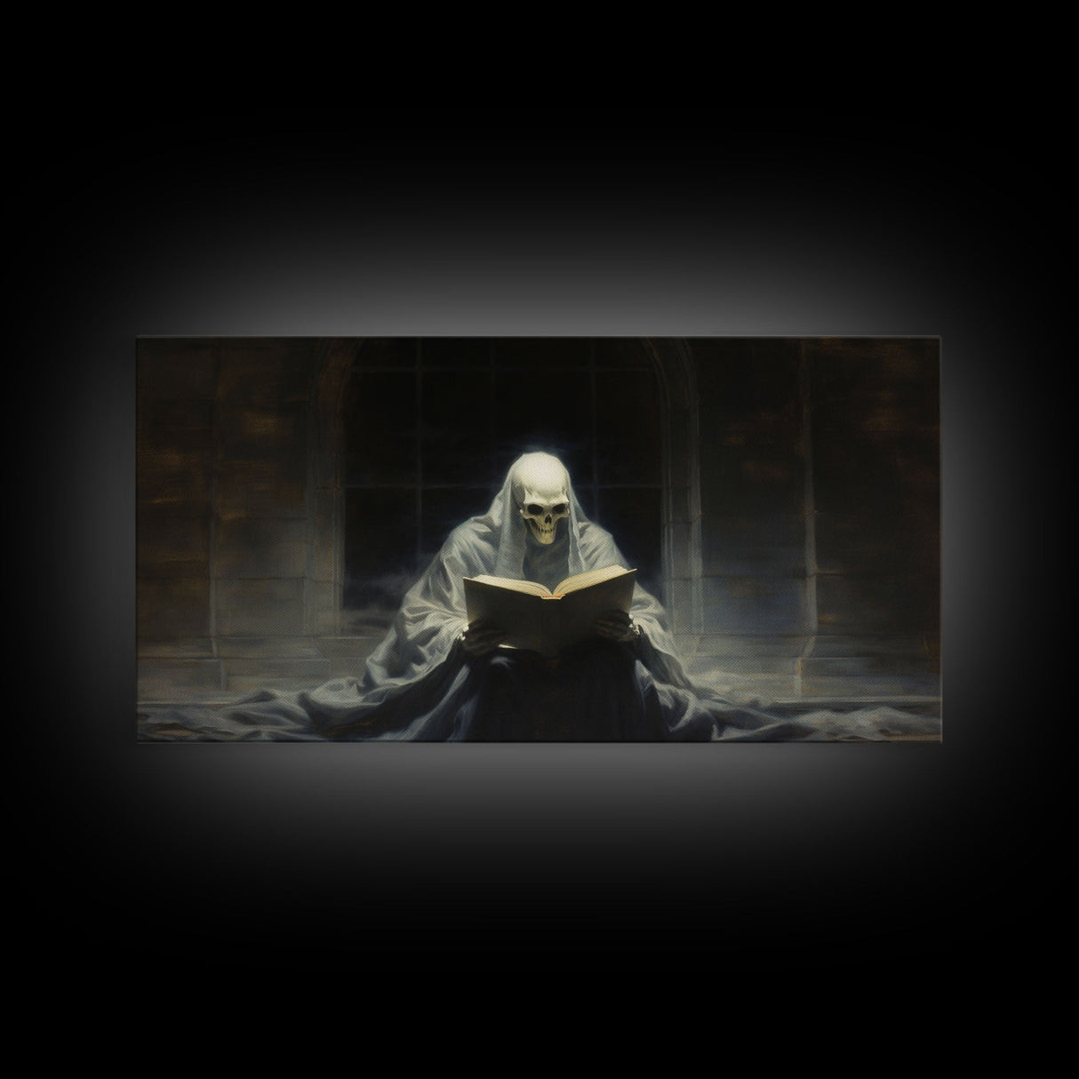 Grim Reaper Reading A Book In A Haunted Library, Framed Canvas Print, Victorian Oil Painting Style, Spooky Halloween Decor, Goth Art
