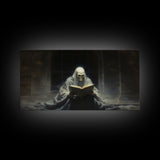 Grim Reaper Reading A Book In A Haunted Library, Framed Canvas Print, Victorian Oil Painting Style, Spooky Halloween Decor, Goth Art