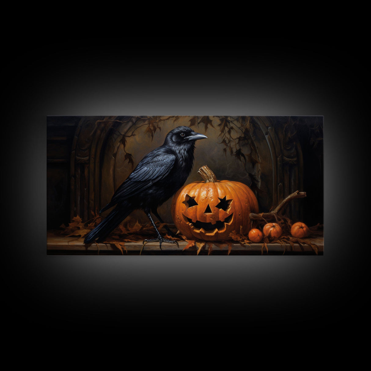 Spooky Crow Print, The Raven and The Jack O Lantern, Halloween Wall Art, Victorian Oil Painting, Dark Academia, Goth Art