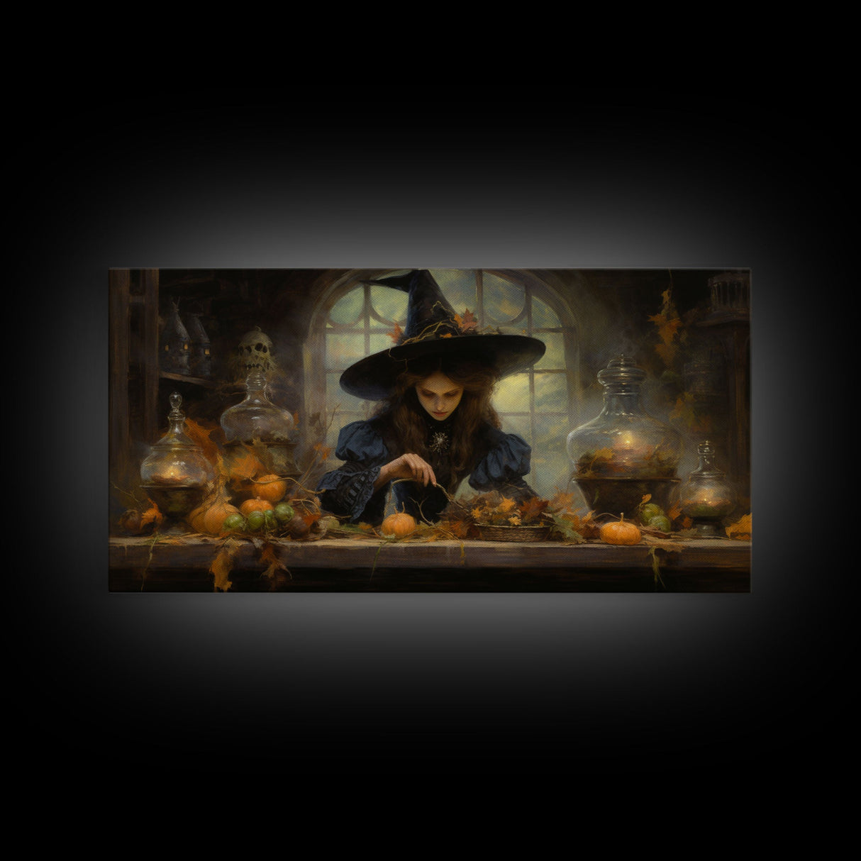 The Witch And Her Potions, Framed Canvas Print, Halloween Decor, Witch Painting, Dark Arts, Occult Decor