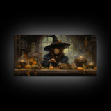 The Witch And Her Potions, Framed Canvas Print, Halloween Decor, Witch Painting, Dark Arts, Occult Decor