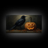 Halloween Decor, Spooky Crow Print, The Raven and The Jack O Lantern, Halloween Wall Art, Victorian Oil Painting, Dark Academia, Goth Art
