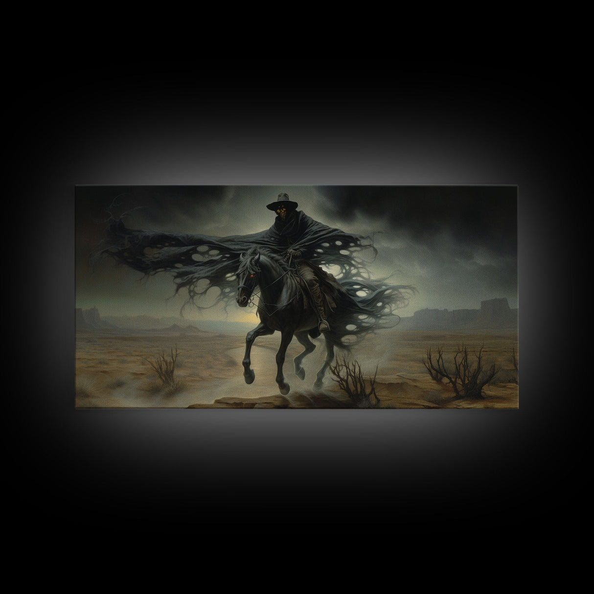 Ghost Cowboy Art, Framed Canvas Print, Halloween art, spooky decor, cowboy art, western decor, grim reaper on a horse in the desert