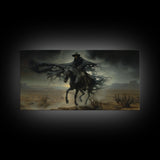 Ghost Cowboy Art, Framed Canvas Print, Halloween art, spooky decor, cowboy art, western decor, grim reaper on a horse in the desert