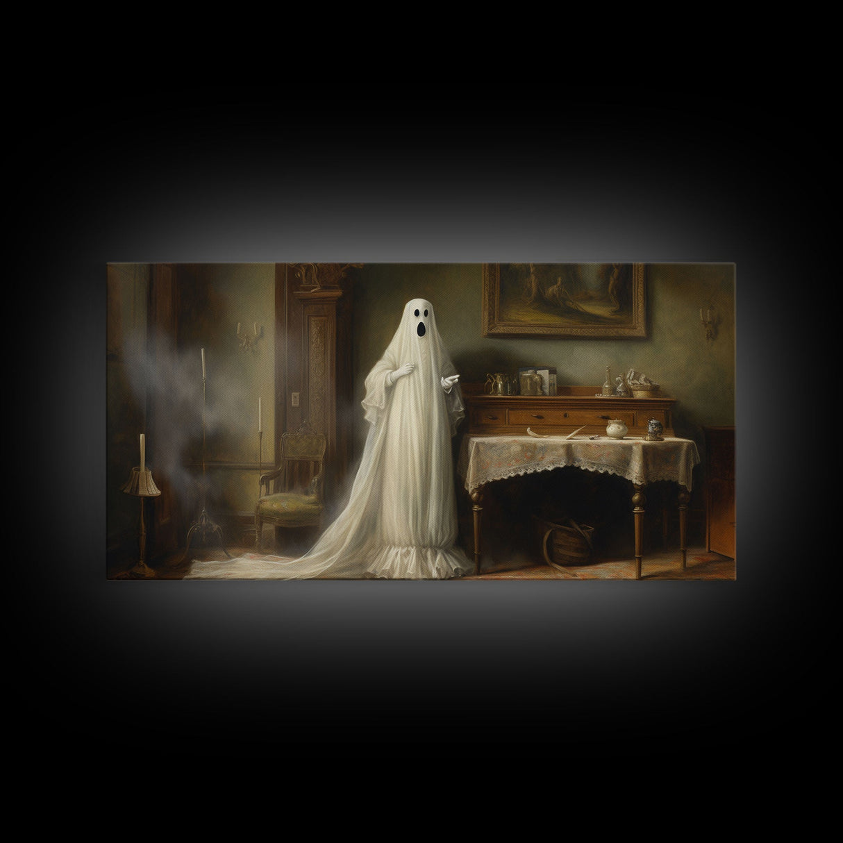 Sheet Ghost Wall Art, Framed Canvas Print, halloween decor, Halloween wall art,  ghost print, dark academia, victorian oil painting
