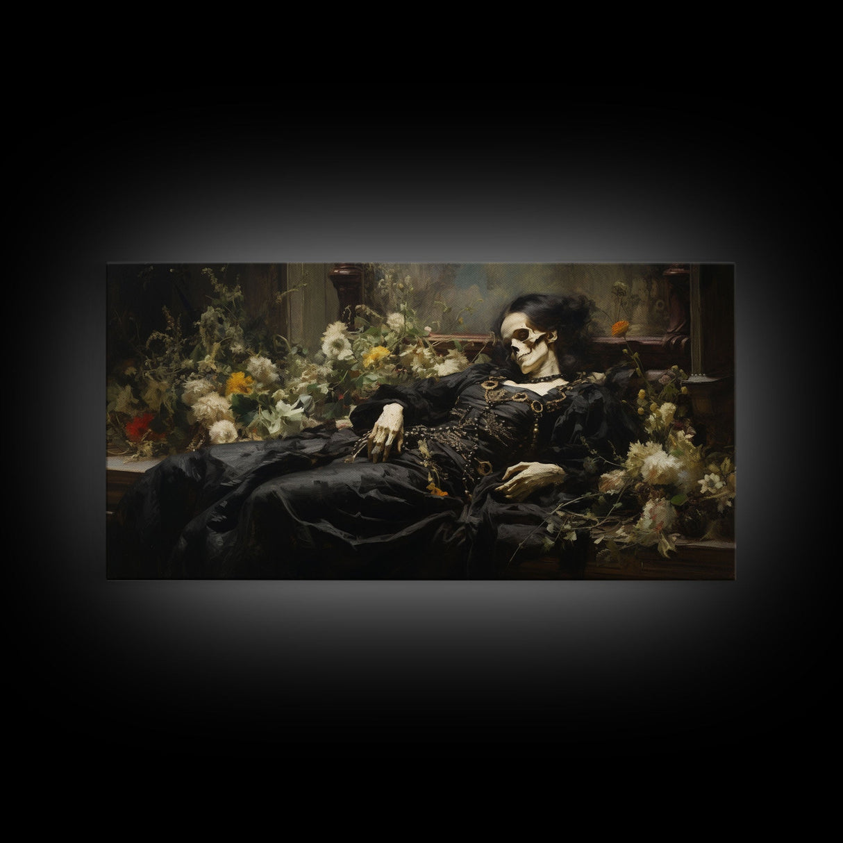 I'll Just Take A Quick Nap, Framed Canvas Print, Creepy Victorian Oil Painting, Halloween Art Prints, Skeleton Painting