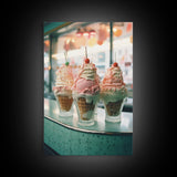A Strawberry Sunday Kitchen Decor, Ice Cream Art, Framed Canvas Print, Ice Cream Parlor Decor, Icecream Shop Wall Art, MCM Style Decor