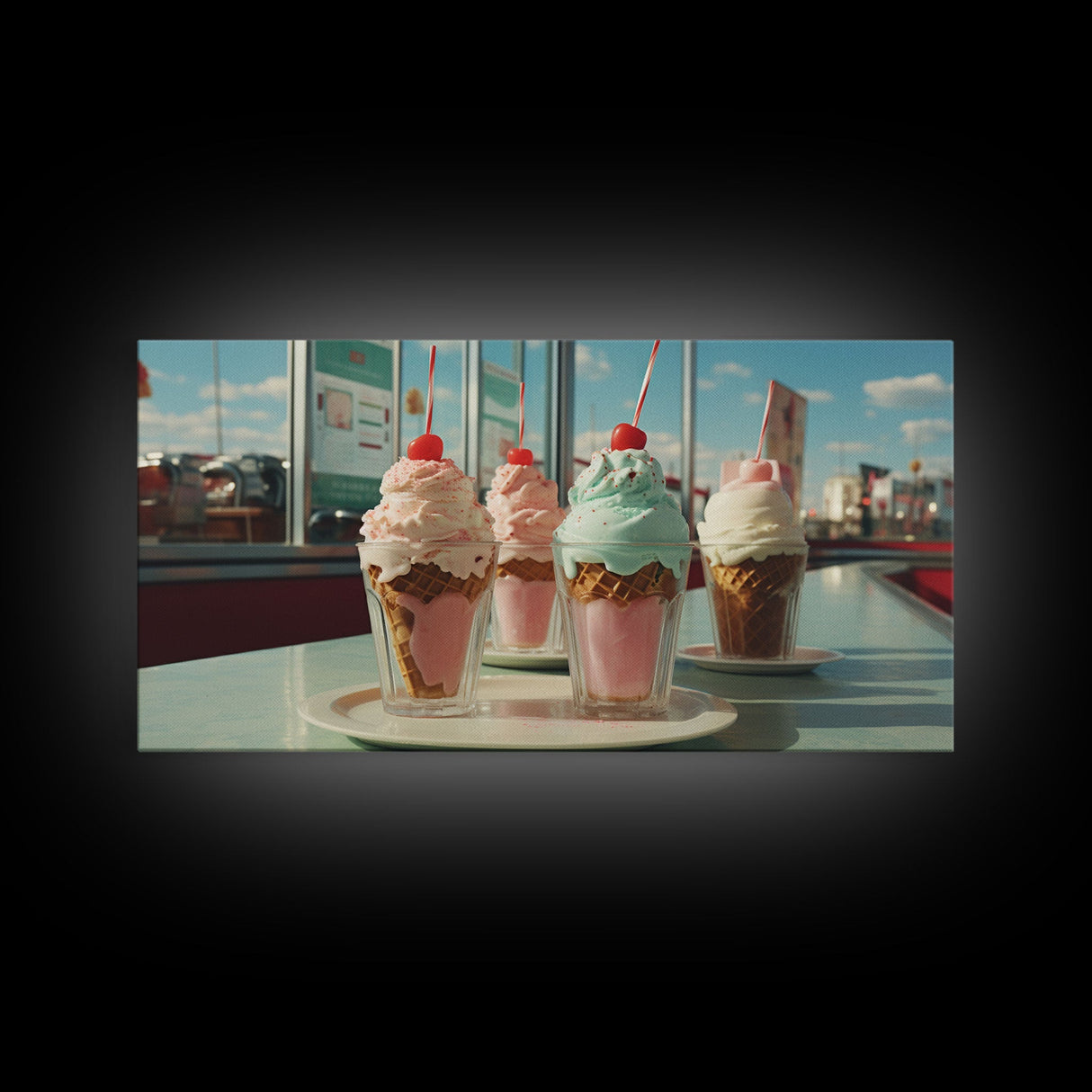 Ice Cream Shop Decor, Framed Canvas Print, Cute Nursery Decor, Retro Ice Cream Parlor Wall Art