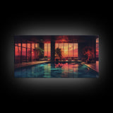 Midcentury Modern Wall Art, Framed Canvas Print, Retro MCM Decor, Minimalist Decor, Sunset Over An Indoor Pool, Eclectic Architecture Art