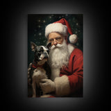 Santa Claus And His Boston Terrier, Christmas Wall Art, Dog Gift, Christmas Dog, Winter Wall Art, Santa Decor, Santa Art Print, Cute Dog