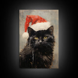 Christmas Cat In A Christmas Hat, Farmhouse Christmas, Farmhouse Decor, Framed Canvas Print, Seasonal Wall Art, Winter Decor, Christmas Art