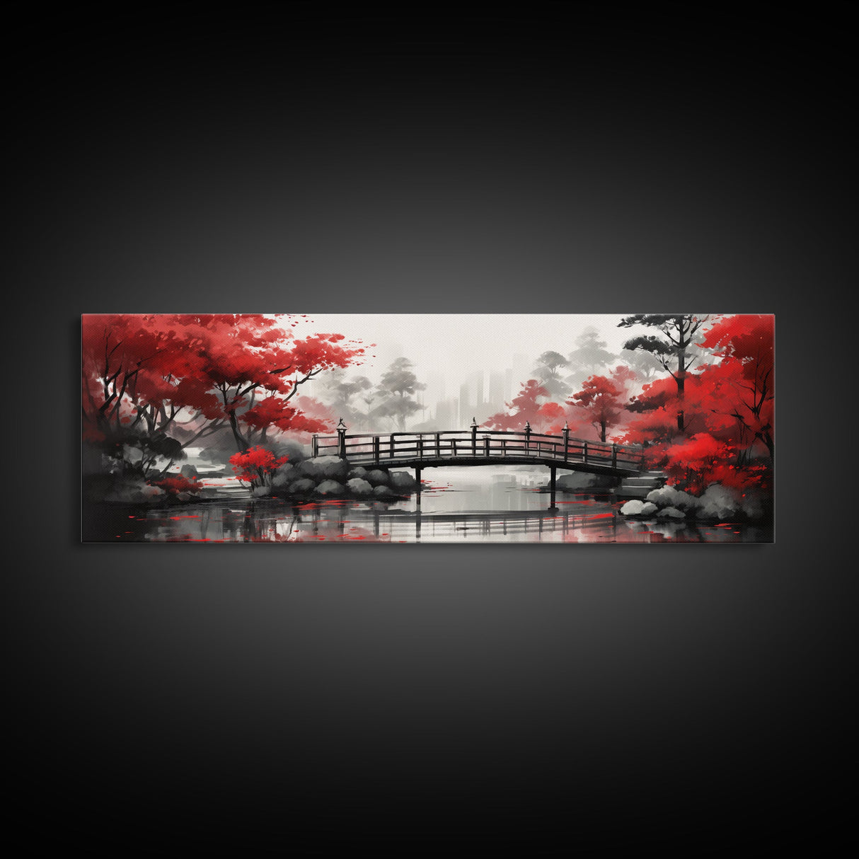 Japanese Hashi Bridge in The Spring, Framed Canvas Print, Japanese Maple Trees Along A Stream, Asian Inspired Art