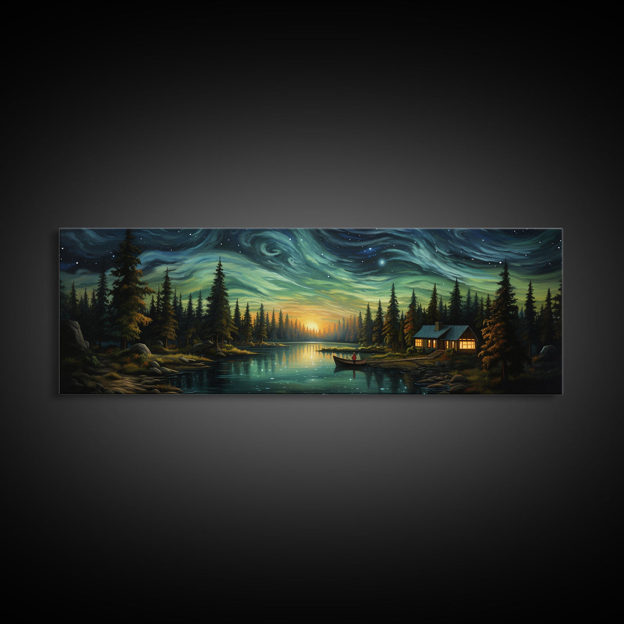 Vah Gogh Inspired Starry Night Farmhouse Painting Framed Canvas Print, Beautiful Minimalist Landscape Painting, Wall Art