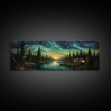 Vah Gogh Inspired Starry Night Farmhouse Painting Framed Canvas Print, Beautiful Minimalist Landscape Painting, Wall Art