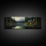 Cozy Cabin on The Lake, Framed Canvas Print, Farmhouse Decor, Landscape Painting, Unique Wall Art
