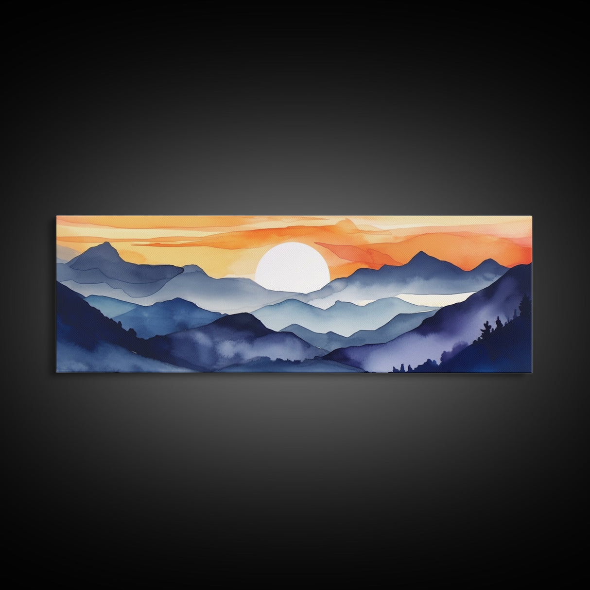 Midcentury Modern Watercolor Painting of a Mountain Sunset, Large Canvas Print, Mountain Artwork, Guest Room Art, Mountain Print, Panoramic