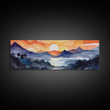 Midcentury Modern Watercolor Painting of a Mountain Sunset, Large Canvas Print, Mountain Artwork, Guest Room Art, Mountain Print, Panoramic