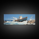 Man Vs. Ocean, Tugboat Crashing On The Rockets, Framed Canvas Print, Nautical Decor, Nautical Centerpiece