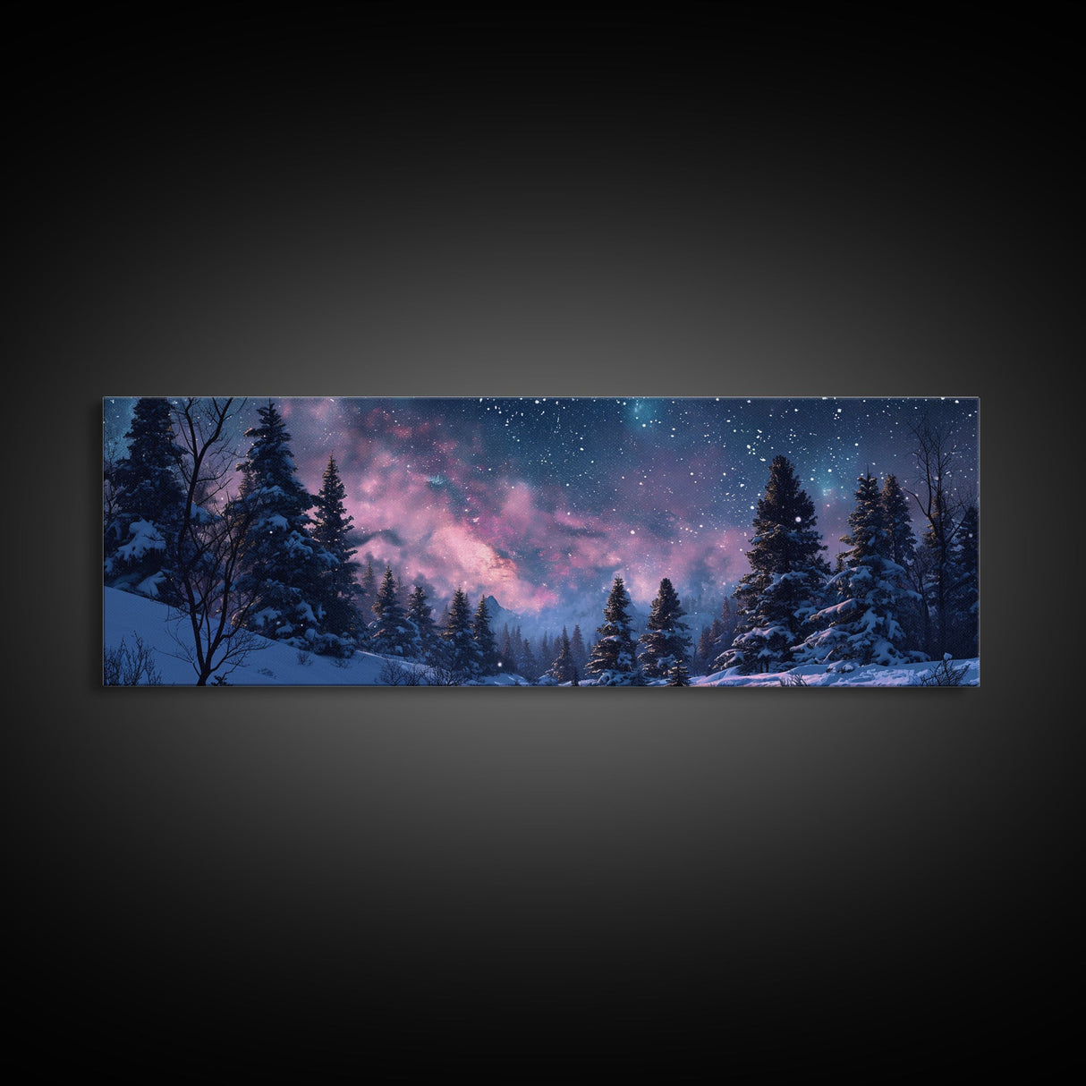 Starry Night Northern Lights, Framed Canvas Print, Beautiful Night Sky Over A Snow Capped Forest, Winter Landscape Painting, Purple Skies