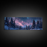 Starry Night Northern Lights, Framed Canvas Print, Beautiful Night Sky Over A Snow Capped Forest, Winter Landscape Painting, Purple Skies