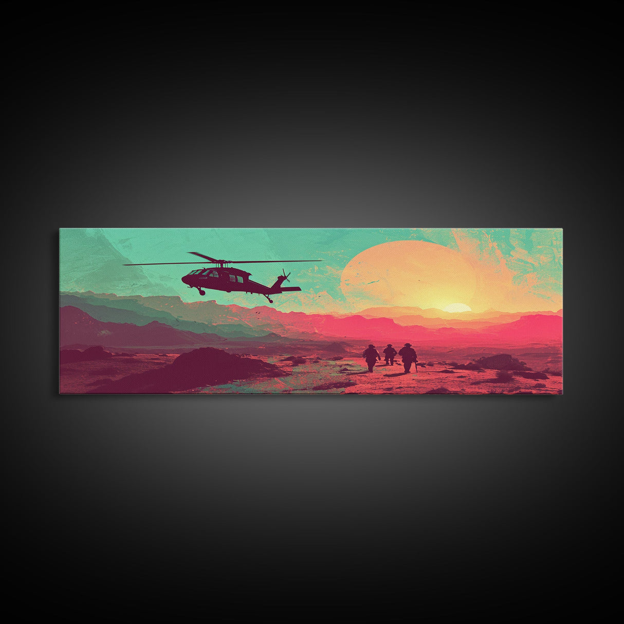 Sunset In The Iraqi Desert - OIF Art - Blackhawk Dustoff - Framed Canvas Print - Veteran Art - OEF, Operation Iraqi Freedom, Retro Military