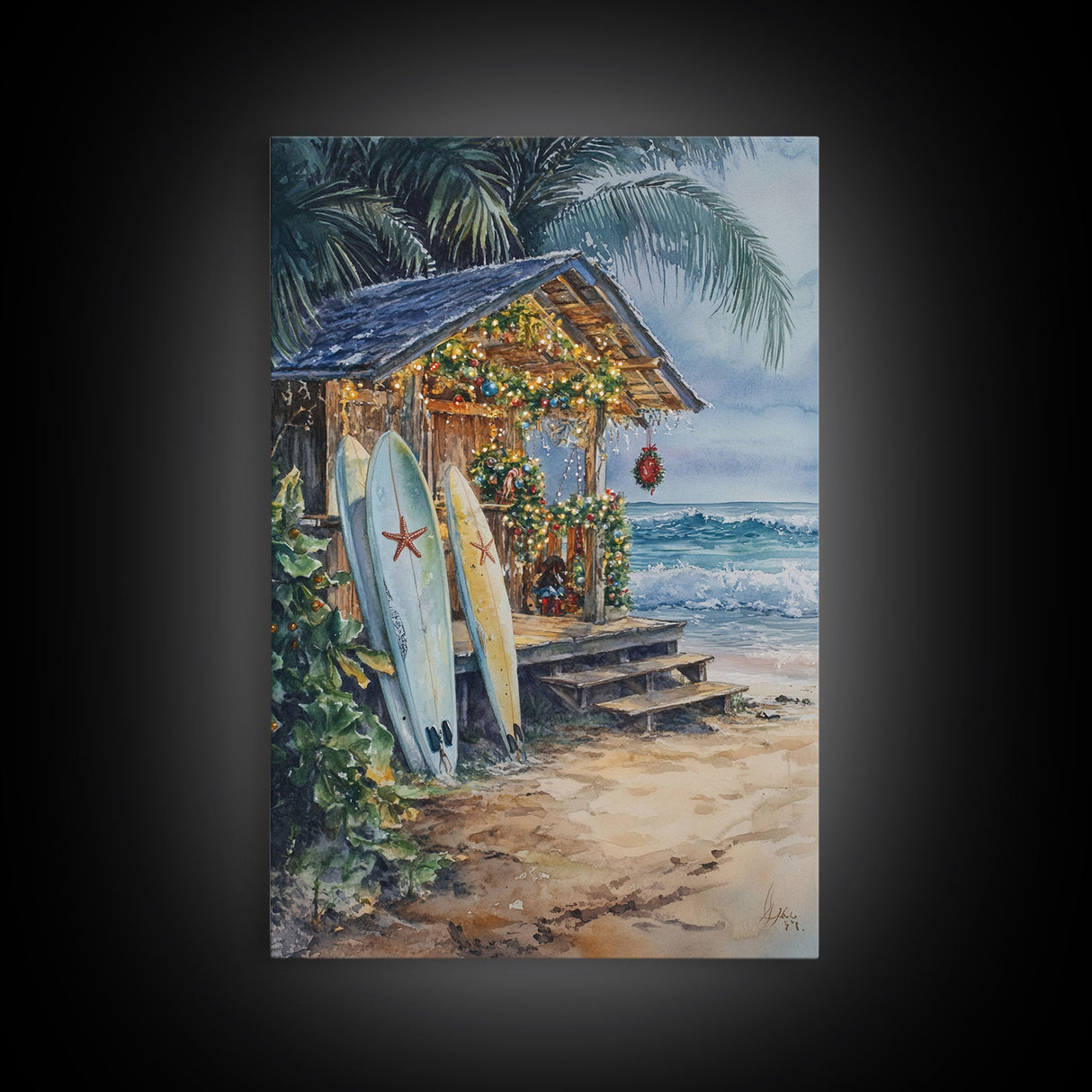 The Surf Shack at Christmas, Surfboard Art, Surfer Christmas Wall Decor, Framed Canvas Print, Cute Christmas Wall Art / Gift Idea