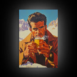 Cowboy Drinking Coffee in Winter Cabin Framed Canvas Print - Cozy Christmas Wall Art 2024 Rustic Holiday Decor