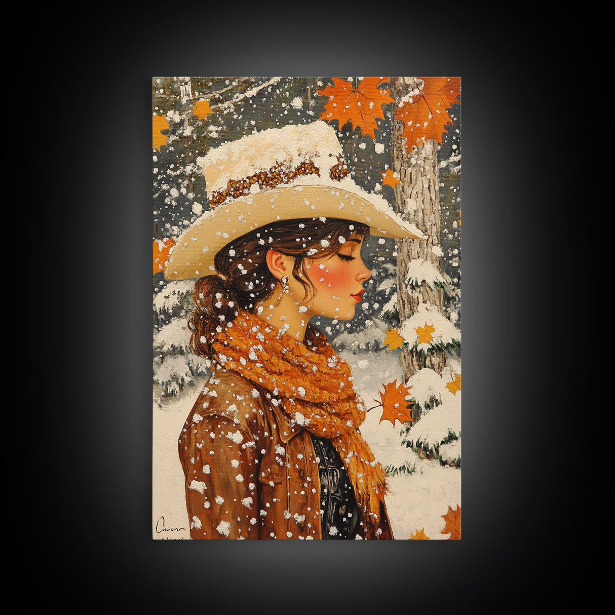 Snowy Cowgirl in Fall Scene Canvas Print, Seasonal Holiday Art, Rustic Christmas Decor, Farmhouse Wall Art, Winter Wonderland Wall Print