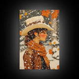 Snowy Cowgirl in Fall Scene Canvas Print, Seasonal Holiday Art, Rustic Christmas Decor, Farmhouse Wall Art, Winter Wonderland Wall Print