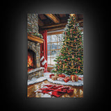 Cozy Cabin Fireplace With Christmas Tree Framed Canvas Print Christmas Wall Art Farmhouse Christmas Decor Holiday Gift Christmas Tree Art
