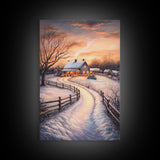Snowy Path Leading To House Framed Canvas Print Wall Art Christmas Decor, Winter Holiday Art Gift, Cozy Christmas Wall Art