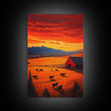 Golden Fields and Barn Framed Canvas Print, Pastoral Landscape with Mountains Grazing Cows, Rustic Fall Wall Art Farmhouse Ranch Style Decor