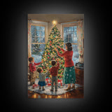 Retro Family Decorating Christmas Tree in Living Room, Classic Christmas Decor Scene, Perfect for Holiday Home, Framed Canvas Print