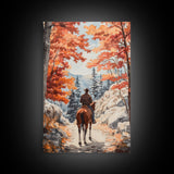 Cowboy riding through autumn forest, Framed Canvas Print, fall landscape wall art, western style decor for cozy homes, perfect gift idea