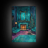 Cozy living room with Christmas tree and fireplace, Framed Canvas Print, Christmas wall art, perfect modern farmhouse holiday decor