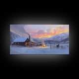 Cozy Snowy Log Cabin Tall Art Framed Canvas Print Winter Home Decor With Warm Fireplace And Horse Rider Under A Beautiful Sunset Scene