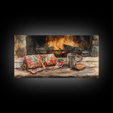 Canvas Print Cozy Fireplace with Christmas Blanket and Mug, Rustic Christmas Decor, Holiday Home Art, Warm Christmas Wall Art
