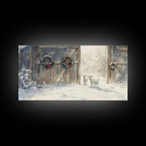 Christmas decor farmhouse Framed Canvas Print snowy barn Christmas scene holiday wall art best gift Christmas decor Christmas tree art 2024