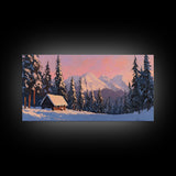 Snowy Mountain Cabin Tall Art Framed Canvas Print Cozy Winter Cabin Nestled In Snowy Forest With Majestic Mountain Landscape